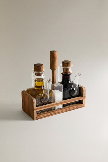 BVR Borosilicaatglas / acaciahout Olie, azijn, zout & peperset (Tafelset)