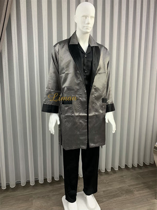 Liman Home Decor - Liman Online Batista 4 Delig Luxe Satijnen Mannen Pyama Set Grijs