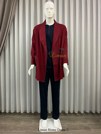 Liman Home Decor - Liman Online Batista 5 Delig Luxe Mannen Pyama Set Bordo