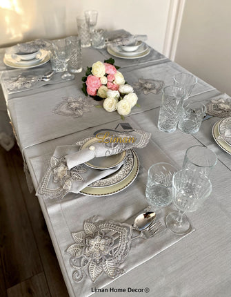 Liman Home Decor - Liman Online Menekse Tafelkleed Set Met Placemat Grijs 34 Dlg