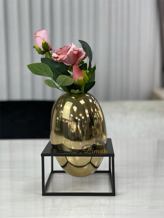 Liman Home Decor - Liman Online Metalen Decoratie / Vaas Met Stand Goud-Zwart 14x14x20cm