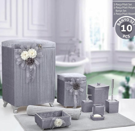 Liman Home Decor - Liman Online Pileli 10 Delig Wasmandset + Badset Grijs