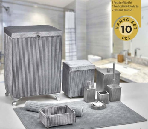 Liman Home Decor - Liman Online Pileli 10 Delig Wasmandset + Badset Grijs