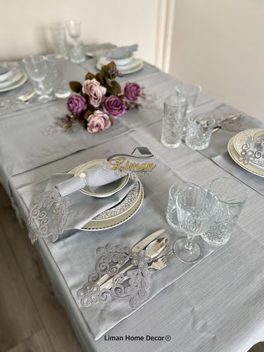 Liman Home Decor - Liman Online Sehzade Tafelkleed Set Met Placemat Grijs 34 Dlg