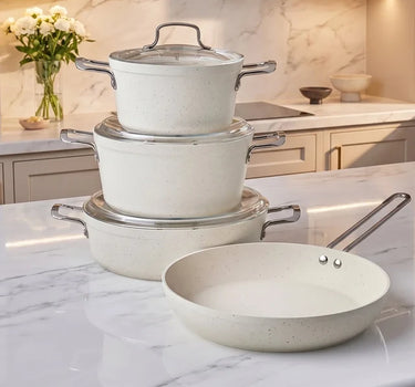 Karaca Granite Whitestone 7-delige antiaanbak pannenset voor inductie – wit