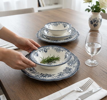 New Vintage Dinnerware Set Anthracite, 24-Piece | Service for 6 – Floral Pattern (Cyril – Fleury – Flora)

