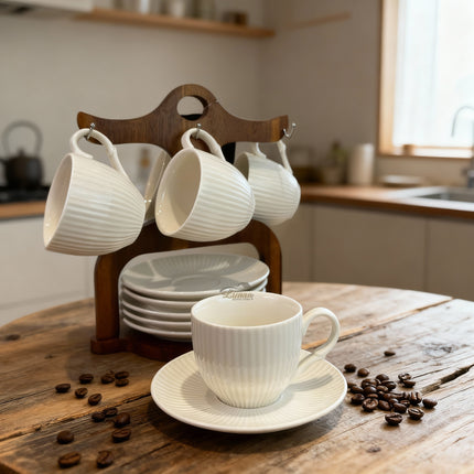 Bavary Line koffieset met acacia hout stand