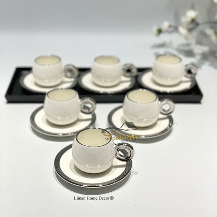BRICARD PORCELAIN Bricard Queen Espressoset Wit - Zilver 12 Delig | 6 Persoons