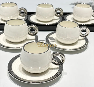 BRICARD PORCELAIN Bricard Queen Espressoset Wit - Zilver 12 Delig | 6 Persoons
