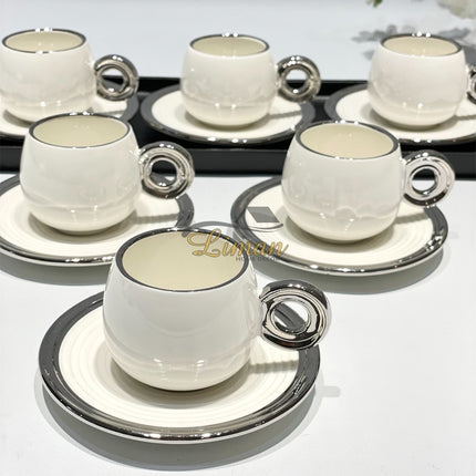 BRICARD PORCELAIN Bricard Queen Espressoset Wit - Zilver 12 Delig | 6 Persoons