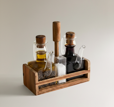 BVR Borosilicaatglas / acaciahout Olie, azijn, zout & peperset (Tafelset)