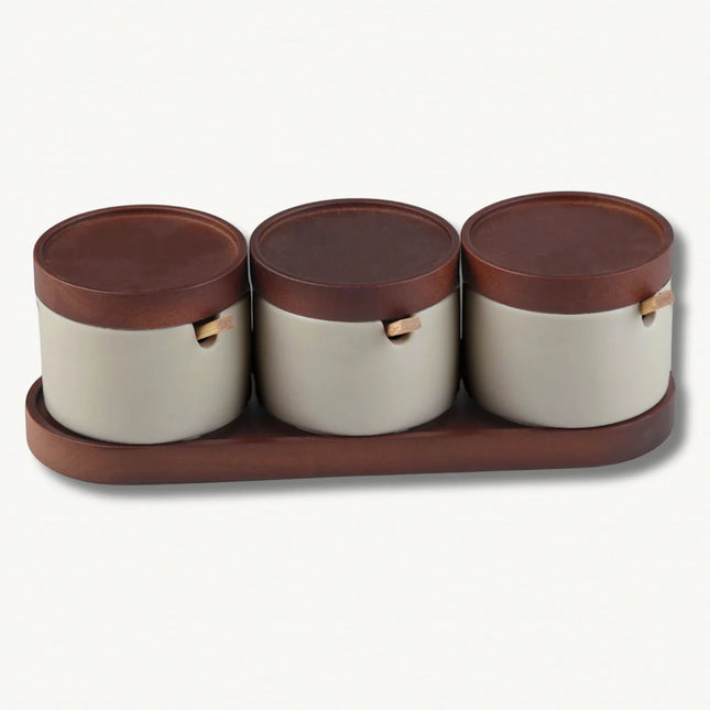 BVR Terra keramische Kruidenset met acaciahouten houder