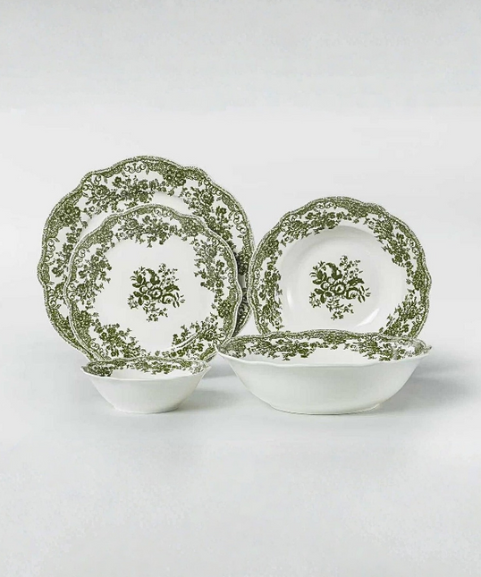 BVR Zümrüt Flora Serviesset 25 Delig | 6 Persoons Groen Vintage ( Cyril )