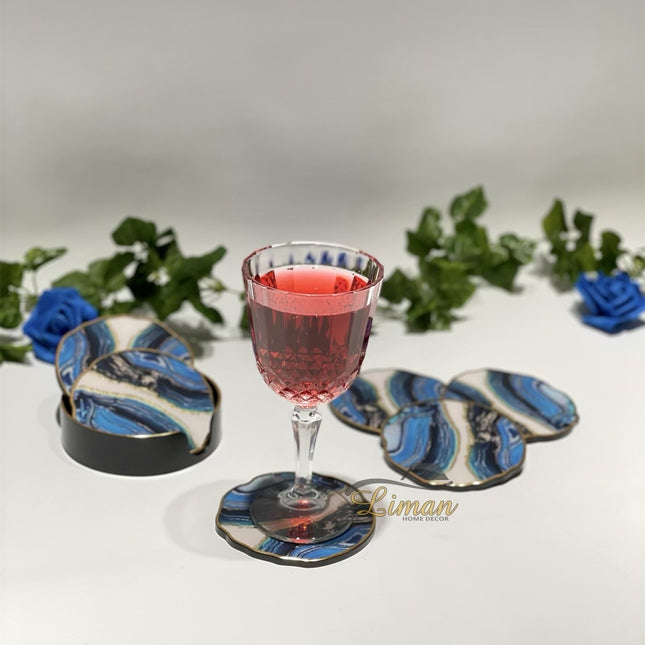 FUGURATO Fugurato Epoxy Style Blauw Marble Glas Onderzetter Met Stand 7 DLG