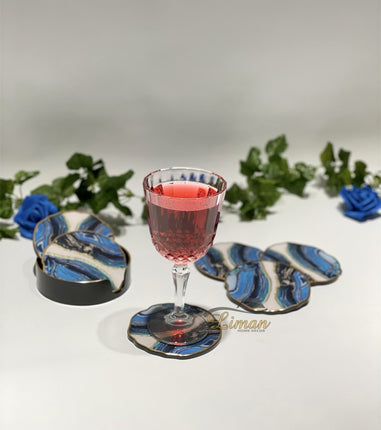 FUGURATO Fugurato Epoxy Style Blauw Marble Glas Onderzetter Met Stand 7 DLG