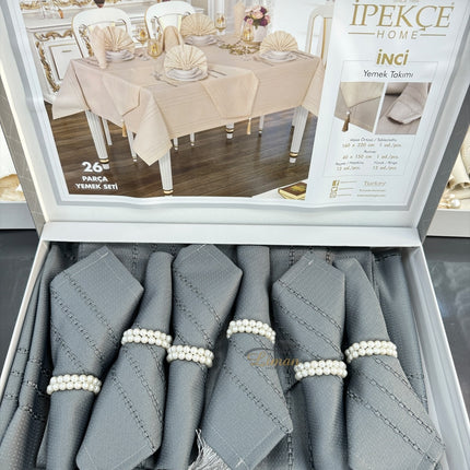 IPEKCE Ipekce Inci Tafelkleed Set Grijs 26 Delig