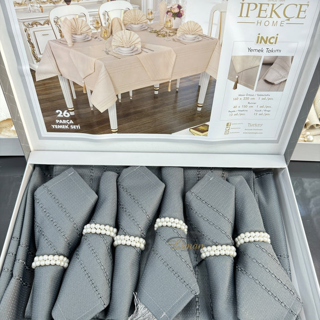 IPEKCE Ipekce Inci Tafelkleed Set Grijs 26 Delig