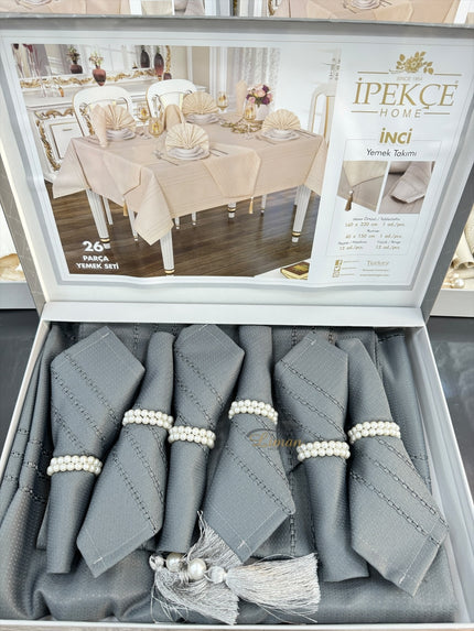 IPEKCE Ipekce Inci Tafelkleed Set Grijs 26 Delig