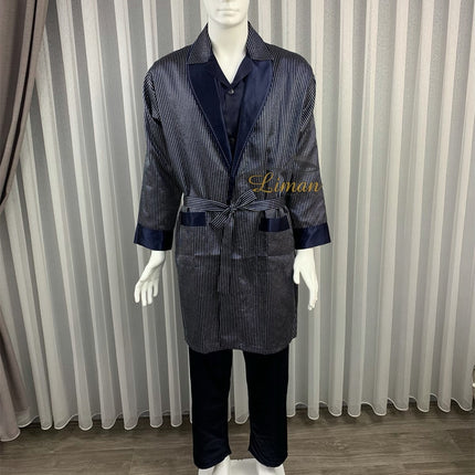 Liman Home Decor - Liman Online Batista 4 Delig Luxe Satijnen Mannen Pyama Set Donker Blauw
