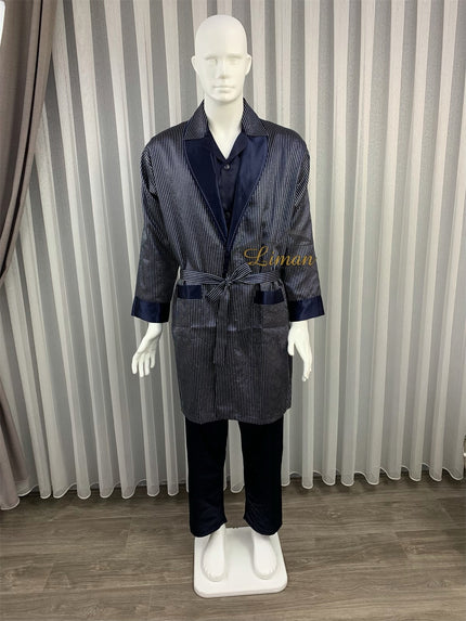 Liman Home Decor - Liman Online Batista 4 Delig Luxe Satijnen Mannen Pyama Set Donker Blauw