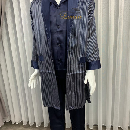 Liman Home Decor - Liman Online Batista 4 Delig Luxe Satijnen Mannen Pyama Set Donker Blauw