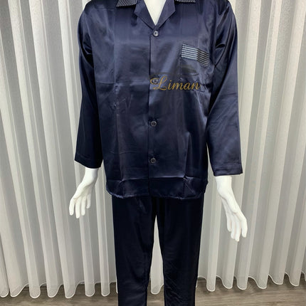 Liman Home Decor - Liman Online Batista 4 Delig Luxe Satijnen Mannen Pyama Set Donker Blauw