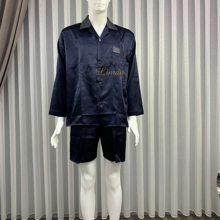 Liman Home Decor - Liman Online Batista 4 Delig Luxe Satijnen Mannen Pyama Set Donker Blauw