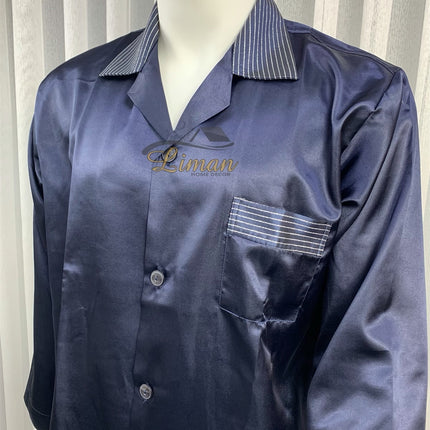 Liman Home Decor - Liman Online Batista 4 Delig Luxe Satijnen Mannen Pyama Set Donker Blauw