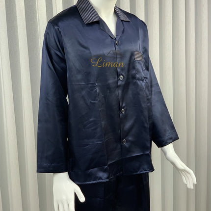 Liman Home Decor - Liman Online Batista 4 Delig Luxe Satijnen Mannen Pyama Set Donker Blauw