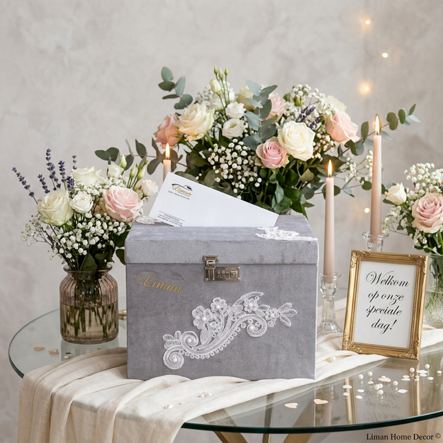Liman Home Decor - Liman Online Bruiloft Enveloppendoos / Geldkist Grijs Met Cijferslot