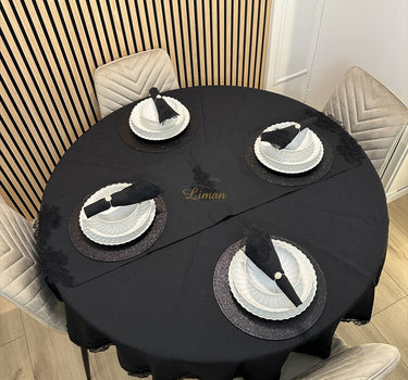 Liman Home Decor - Liman Online Gelincik Tafelkleed Set Met Server Zwart  18 Delig