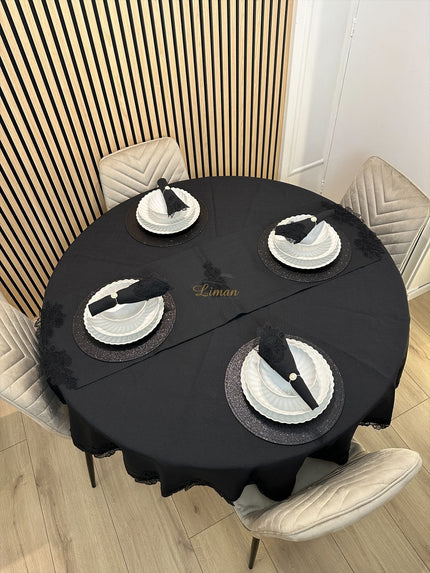 Liman Home Decor - Liman Online Gelincik Tafelkleed Set Met Server Zwart  18 Delig