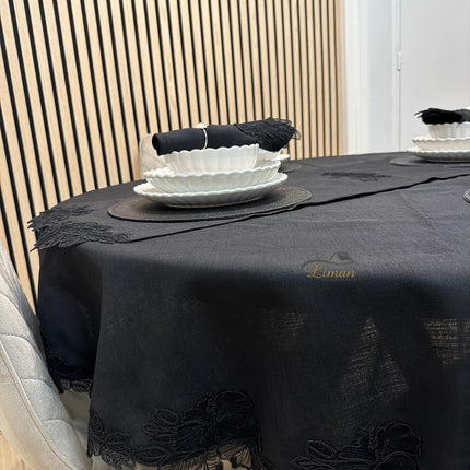 Liman Home Decor - Liman Online Gelincik Tafelkleed Set Met Server Zwart  18 Delig