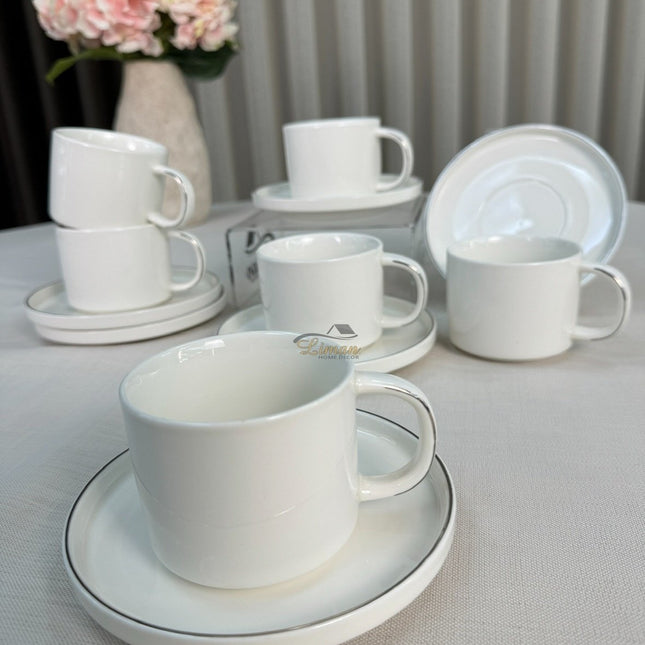 Liman Home Decor - Liman Online Koffieset 12 Delig | 6 Persoons Wit - Zilver