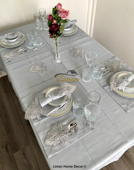 Liman Home Decor - Liman Online Lotus Tafelkleed Set Met Placemat Grijs 34 Dlg