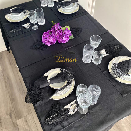 Liman Home Decor - Liman Online Lotus Tafelkleed Set Met Placemat Zwart 34 Dlg