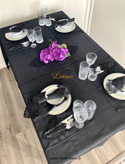 Liman Home Decor - Liman Online Lotus Tafelkleed Set Met Placemat Zwart 34 Dlg