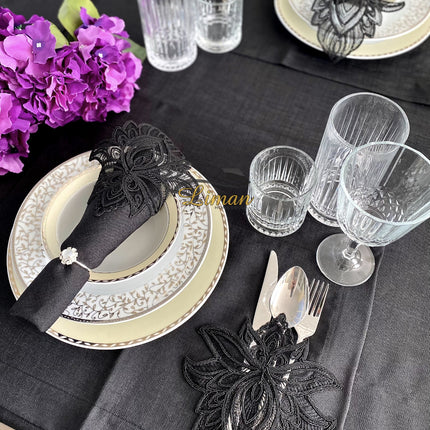 Liman Home Decor - Liman Online Lotus Tafelkleed Set Met Placemat Zwart 34 Dlg