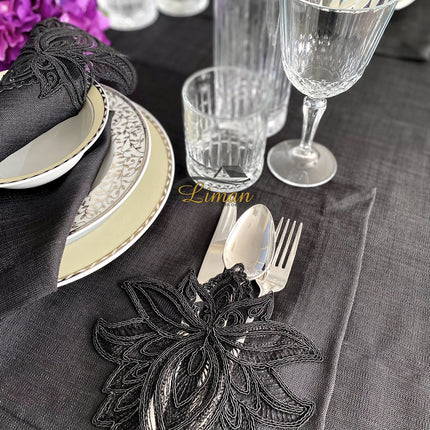 Liman Home Decor - Liman Online Lotus Tafelkleed Set Met Placemat Zwart 34 Dlg