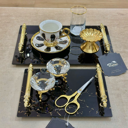 Liman Home Decor - Liman Online MARMER VERLOVINGSDIENBLAD GLAS ZWART | GOUD