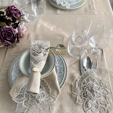 Liman Home Decor - Liman Online Menekse Tafelkleed Set Met Placemat Beige 34 Dlg