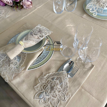 Liman Home Decor - Liman Online Menekse Tafelkleed Set Met Placemat Beige 34 Dlg