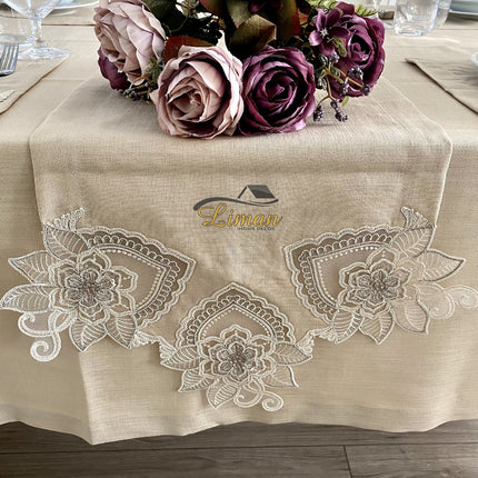 Liman Home Decor - Liman Online Menekse Tafelkleed Set Met Placemat Beige 34 Dlg