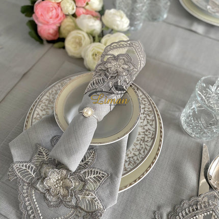 Liman Home Decor - Liman Online Menekse Tafelkleed Set Met Placemat Grijs 34 Dlg