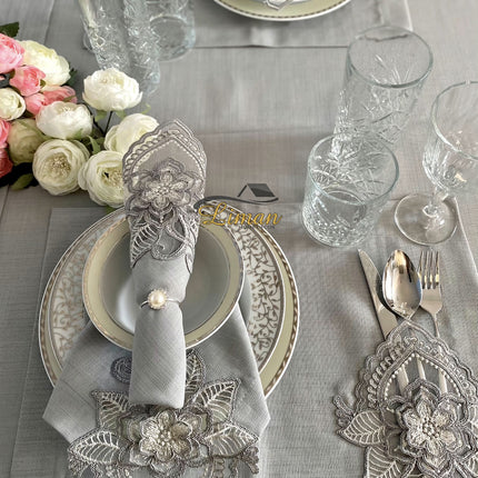 Liman Home Decor - Liman Online Menekse Tafelkleed Set Met Placemat Grijs 34 Dlg