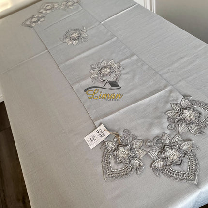 Liman Home Decor - Liman Online Menekse Tafelkleed Set Met Placemat Grijs 34 Dlg