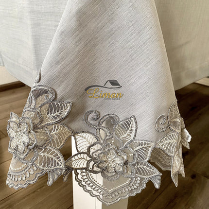 Liman Home Decor - Liman Online Menekse Tafelkleed Set Met Placemat Grijs 34 Dlg