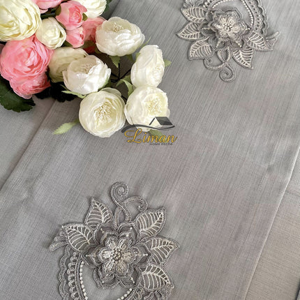 Liman Home Decor - Liman Online Menekse Tafelkleed Set Met Placemat Grijs 34 Dlg