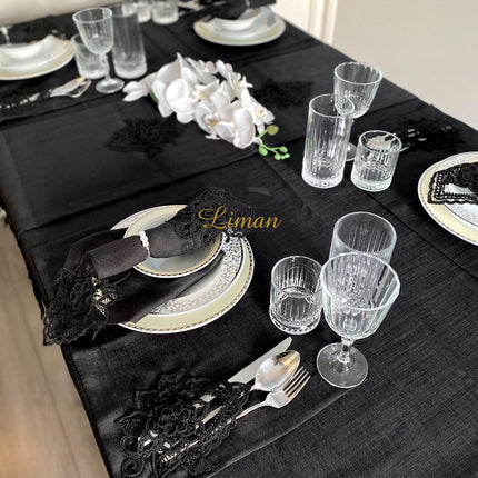 Liman Home Decor - Liman Online Menekse Tafelkleed Set Met Placemat Zwart 34 Dlg