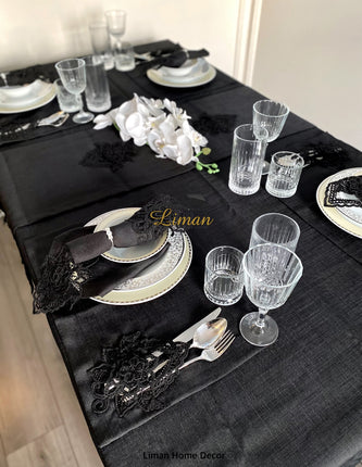 Liman Home Decor - Liman Online Menekse Tafelkleed Set Met Placemat Zwart 34 Dlg